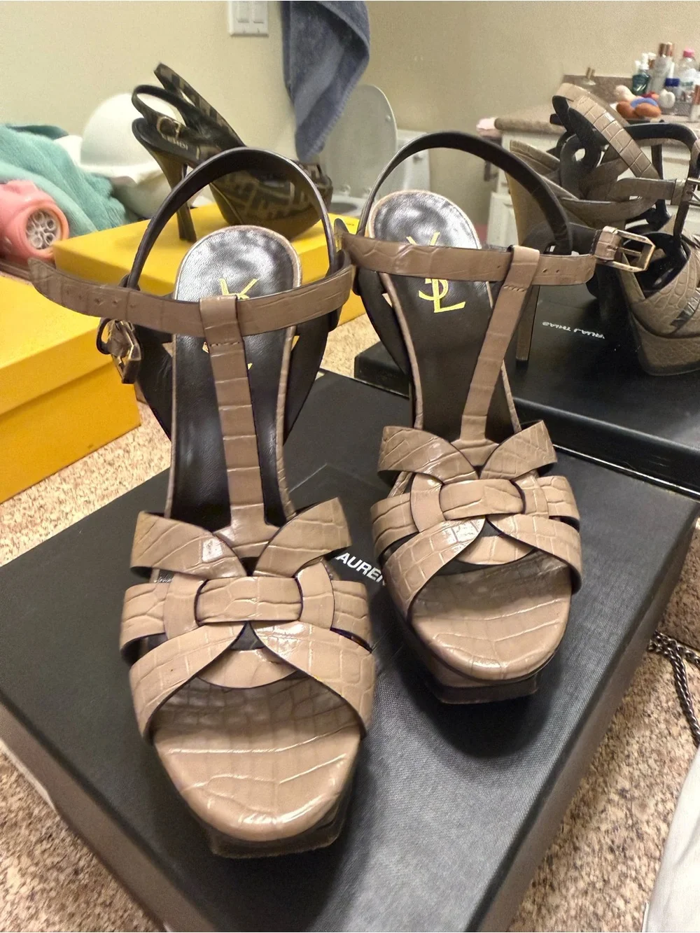 Yves Saint Laurent Taupe Croc-Embossed T-Strap Platform Heels
